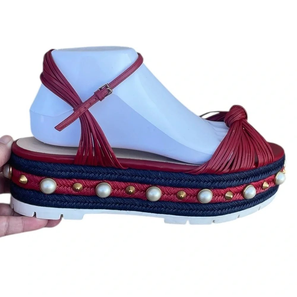 Gucci Red Leather Barbette Knot, Ankle‎ Strap Espadrille Platform Sandals, 41.5
